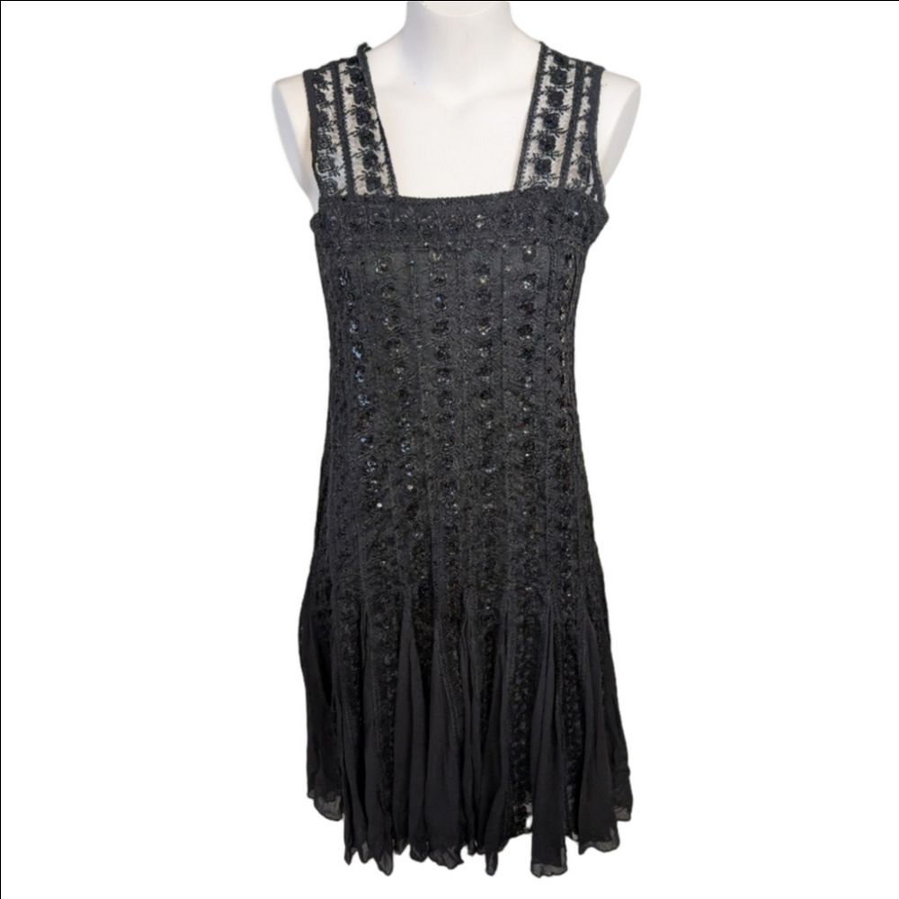 Vintage Dress Black Sequin  Tank Style  Square Neckline Midi Length Dress  Sz S